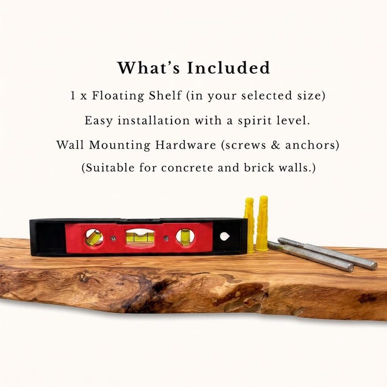 May include: A live-edge wooden floating shelf with a black and red spirit level, two yellow plastic wall anchors, and two metal mounting screws. The text reads: What's Included, 1 x Floating Shelf, Easy installation with a spirit level.