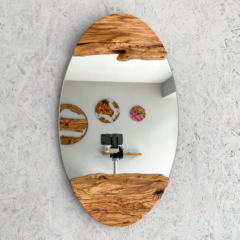 Made to Order, Olive Wood Oval Wall Mirror, Live Edge Wood Wall Art, Wood Frame Mirror Wall Decor, Wooden Mirrors, Small-Large image 3