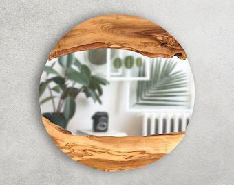 Op bestelling gemaakt, olijfhout ronde wandspiegel, Live Edge houten wandspiegel, houten frame spiegel wand decor, houten spiegel, kleine-grote wandspiegel