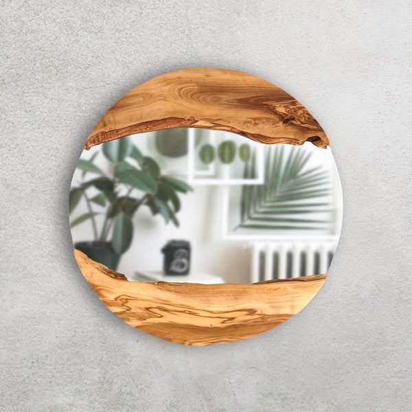 Fabriqué sur commande, miroir ovale en bois d'olivier, miroir mural en bois avec rebord direct, décoration murale miroir avec cadre en bois, miroir rond en bois, petit-grand miroir mural