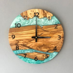 Custom Made Resin & Olive Wood Wall Clock, Made to order Epoxy and Olive Wood Wall Clock, Home gift, Live Edge Rustic Olive Wood Wall Clock image 1