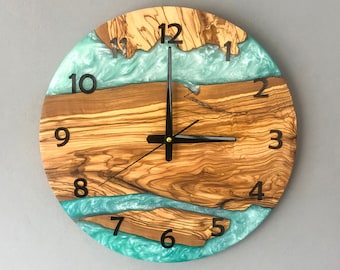 Custom Made Resin & Olive Wood Wall Clock, Made to order Epoxy and Olive Wood Wall Clock, Home gift, Live Edge Rustic Olive Wood Wall Clock