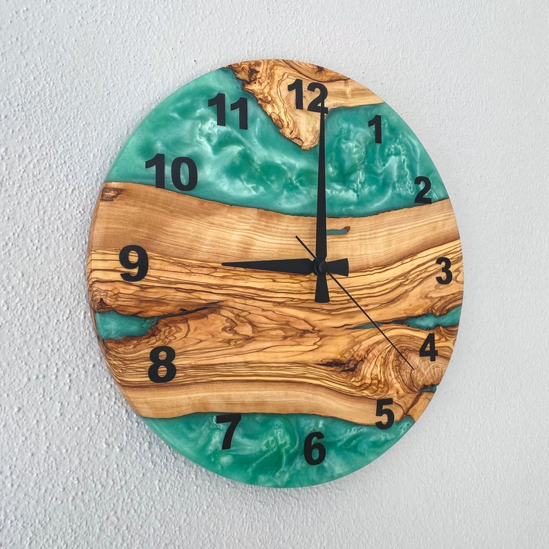 Custom Made Resin & Olive Wood Wall Clock, Made to order Epoxy and Olive Wood Wall Clock, Home gift, Live Edge Rustic Olive Wood Wall Clock image 3