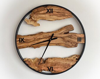 Metall & Olivenholz Wanduhr, 30 ""große Holz und Metall Wanduhr, Live Edge Rustikale Uhr, Holzwandkunst, Einzigartiges Geschenk für zu Hause."