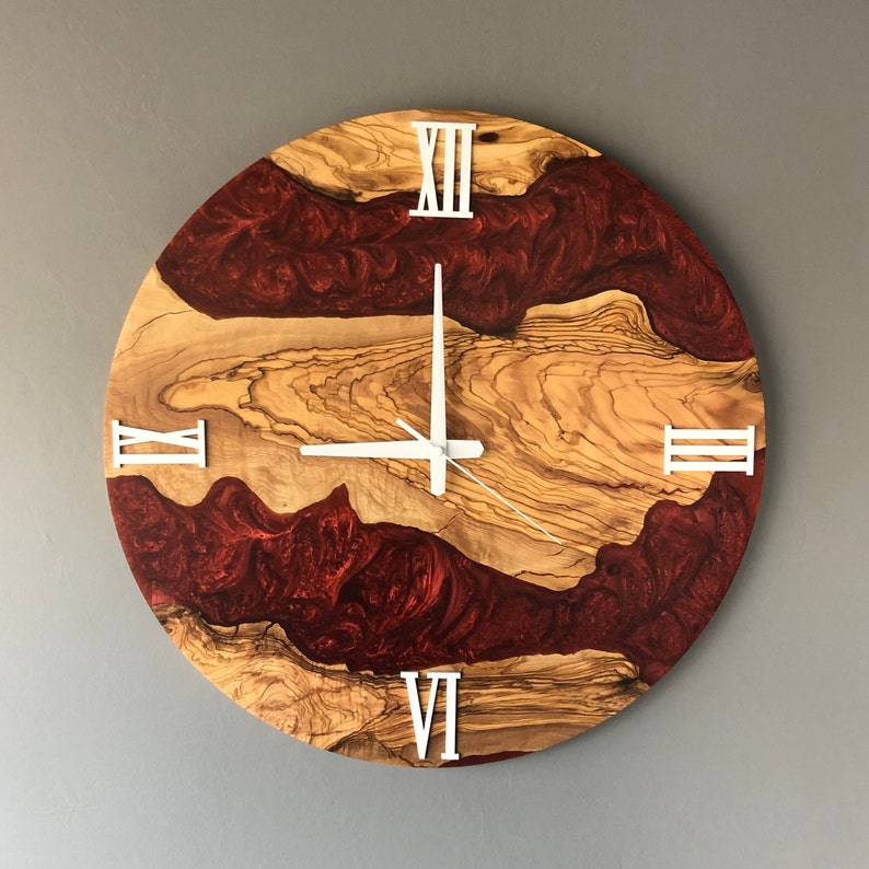 Custom Made Resin & Olive Wood Wall Clock, Made to order Epoxy and Olive Wood Wall Clock, Home gift, Live Edge Rustic Olive Wood Wall Clock Red