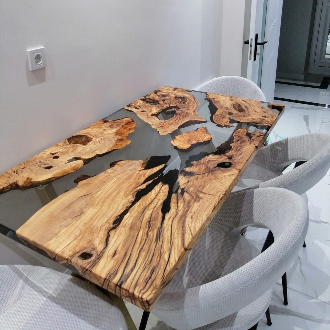 Custom Order Clear Epoxy Olive Wood Dining Table Live Edge Resin Table
