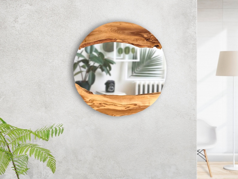 Made to Order, Olive Wood Round Wall Mirror, Live Edge Wood Wall Art, Wood Frame Mirror Wall Decor, Wooden Mirrors, Small-Large image 3