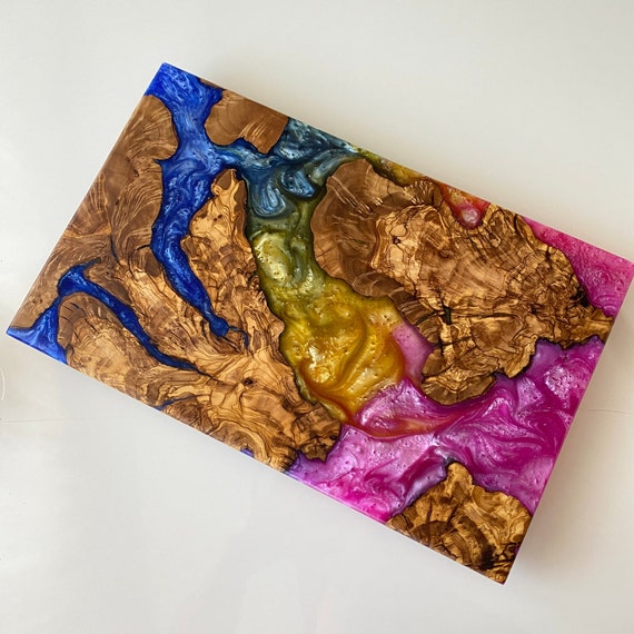 Olive Wood Epoxy Charcuterie Board: Live Edge Serving Tray, Colorful Resin River