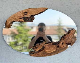 Handmade Olive Wood Oval Mirror – Rustic Wall Mirror with Wooden Frame, Farmhouse & Modern Decor, Small-Large