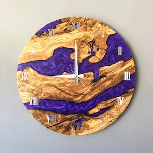 Custom Made Resin & Olive Wood Wall Clock, Made to order Epoxy and Olive Wood Wall Clock, Home gift, Live Edge Rustic Olive Wood Wall Clock Purple