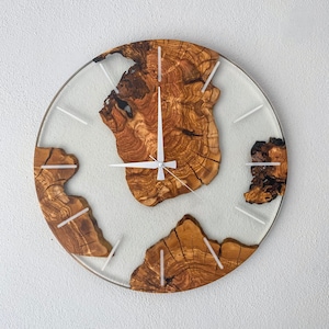 Resin & Olive Wood Wall Clock, 20" Wood Wall Clock | Reclaimed Wood Wall Art | Large Wall Clock | Wall Clock Unique, Resin Wall Clock Modern