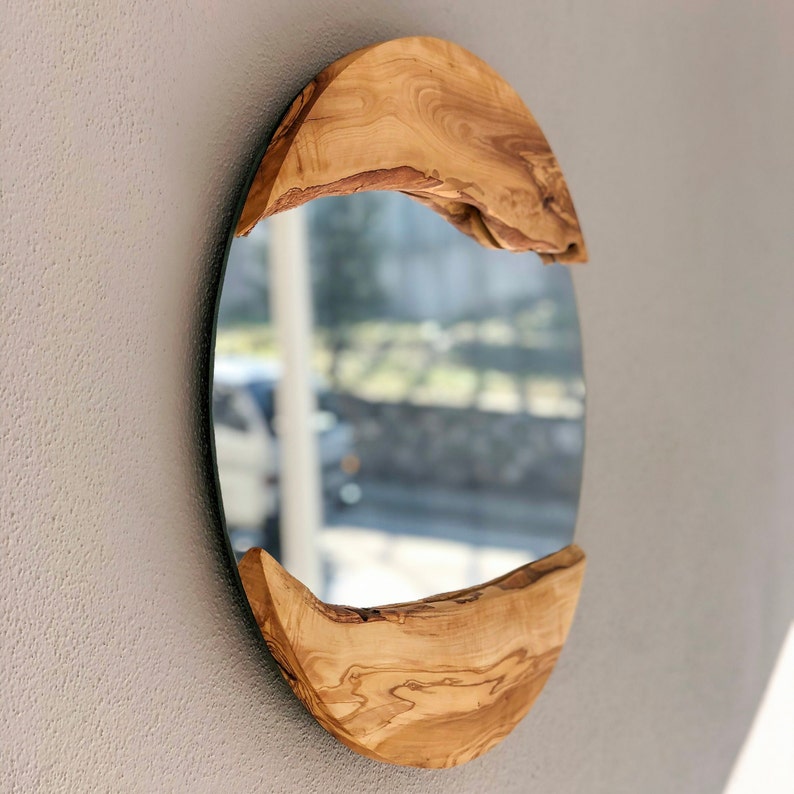 Auf Bestellung, Olivenholz Ovaler Spiegel, Live Edge Holz Wandspiegel, Holzrahmen Spiegel Wanddekoration, Runder Holzspiegel, klein-großer Wandspiegel Bild 5