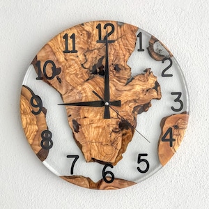 Custom Olive Wood & Clear Resin Wall Clock: Rustic Home Gift