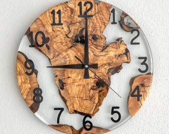 Made to order, Clear Resin Olive Wood Wall Clock, Made to order Epoxy and Olive Wood Wall Clock, Home gift, Rustic Olive Wood Wall Clock