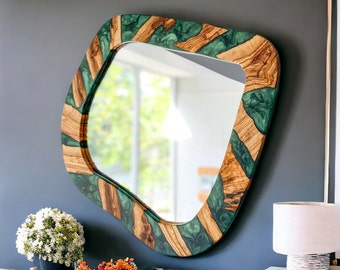 Resin & Olive Wood Asymmetrical Mirror, Live Edge Wood Wall Mirror, Wood Frame Mirror Wall Decor, irregular Mirror, Aesthetic Mirror