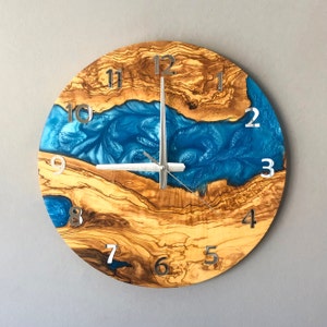 Custom Made Resin & Olive Wood Wall Clock, Made to order Epoxy and Olive Wood Wall Clock, Home gift, Live Edge Rustic Olive Wood Wall Clock Blue
