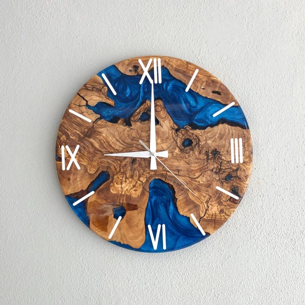 Custom Made Resin & Olive Wood Wall Clock, Made to order Epoxy and Olive Wood Wall Clock, Home gift, Live Edge Rustic Olive Wood Wall Clock