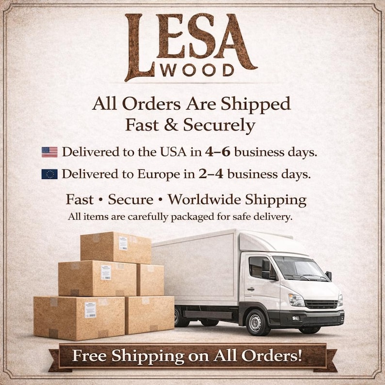 May include: Image featuring the "LESA WOOD" logo with text stating "All Orders Are Shipped Fast & Securely." Several cardboard boxes are stacked in front of a white delivery truck. The image also states "Free Shipping on All Orders!"