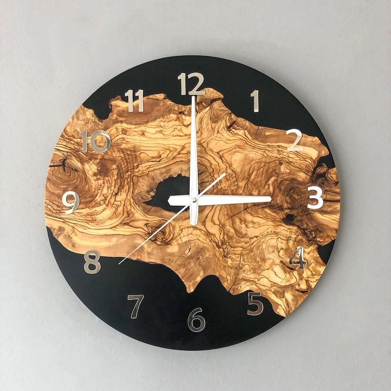 Custom Made Resin & Olive Wood Wall Clock, Made to order Epoxy and Olive Wood Wall Clock, Home gift, Live Edge Rustic Olive Wood Wall Clock image 4
