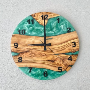 Custom Made Resin & Olive Wood Wall Clock, Made to order Epoxy and Olive Wood Wall Clock, Home gift, Live Edge Rustic Olive Wood Wall Clock image 2