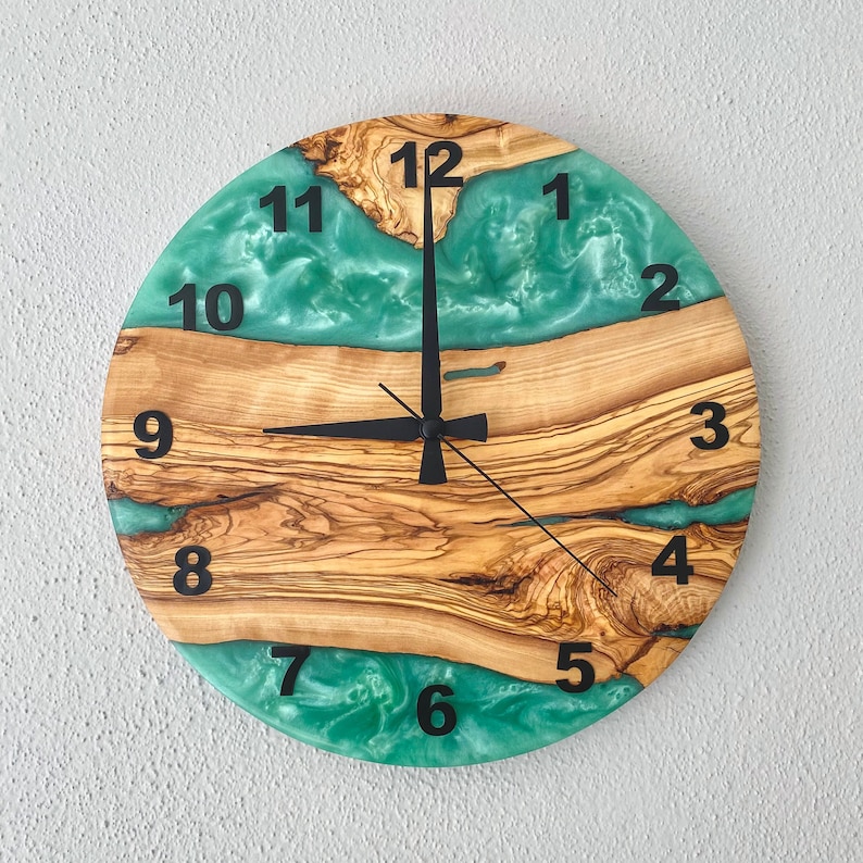 Custom Made Resin & Olive Wood Wall Clock, Made to order Epoxy and Olive Wood Wall Clock, Home gift, Live Edge Rustic Olive Wood Wall Clock image 2