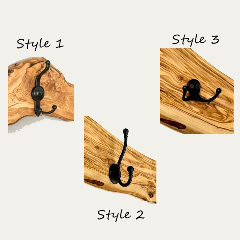 May include: Three wooden coat racks with black metal hooks. Each rack is made from a piece of light-colored wood with a unique grain pattern. The image is labeled with the text "Style 1", "Style 2", and "Style 3".