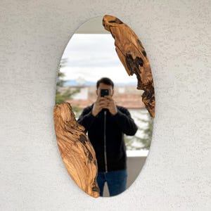Live Edge Olive Wood Oval Mirror: Rustic Wood Frame Wall Decor