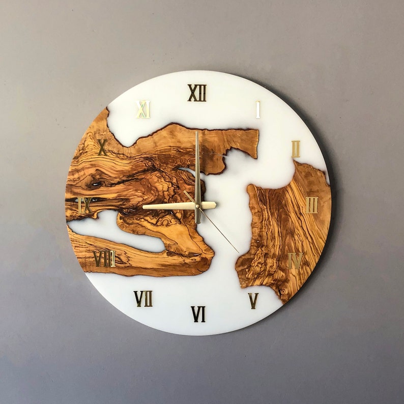 Custom Made Resin & Olive Wood Wall Clock, Made to order Epoxy and Olive Wood Wall Clock, Home gift, Live Edge Rustic Olive Wood Wall Clock image 5