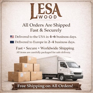 May include: Image featuring a delivery truck next to a stack of cardboard boxes. The text "LESA WOOD" is at the top, with additional text stating "All Orders Are Shipped Fast & Securely" and "Free Shipping on All Orders!"
