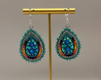 Large indigenous style beaded tear drop earrings