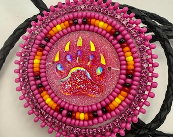 Handmade indigenous style pink bears paw beaded bolo