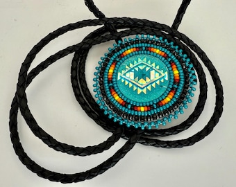 Handmade indigenous style teal beaded bolo