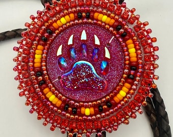 Handmade indigenous style red bears paw beaded bolo