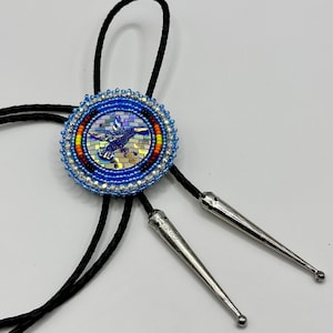 Handmade blue bird beaded bolo