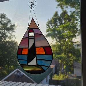 Handmade Stained glass Lighthouse Teardrop, sun scenery, deaf artist, gift for ocean lover, guiding beacon light, ocean scenic, suncatcher