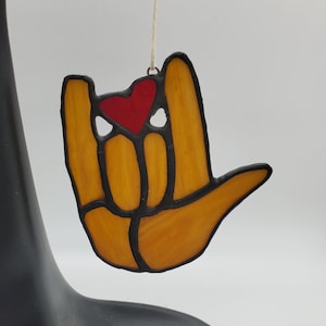 ily asl, Stained glass, deaf artist, asl i love you with heart, ily asl, asl gift, gift for friendship, deaf sign language, ornament, brown