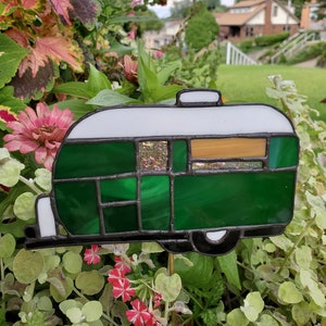 stained glass camper, garden stake, plant stake, gift for camper, seasonal camper