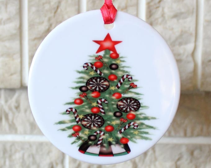 Darts themed ceramic Christmas tree decoration