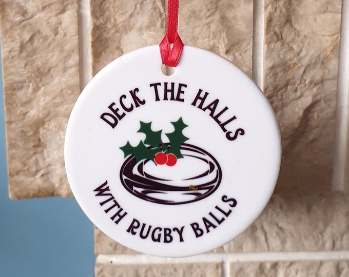 Rugby Ball ceramic Christmas tree decoration - Deck the halls with Rugby balls