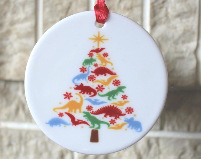 Dinosaur themed ceramic Christmas tree decoration