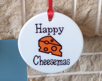 Happy Cheesemas tree decoration with lovely cheese themed Christmas design