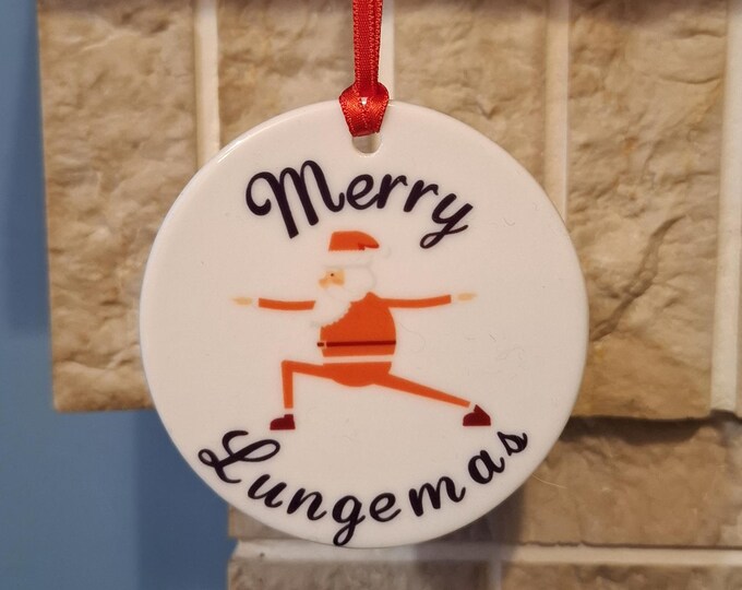 Santa exercising - Merry Lungemas - ceramic Christmas tree decoration