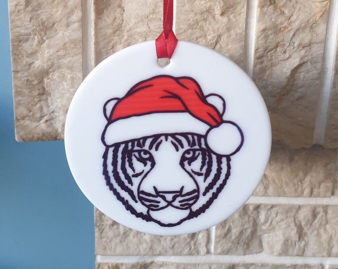 Tiger with Christmas hat ceramic Christmas tree decoration