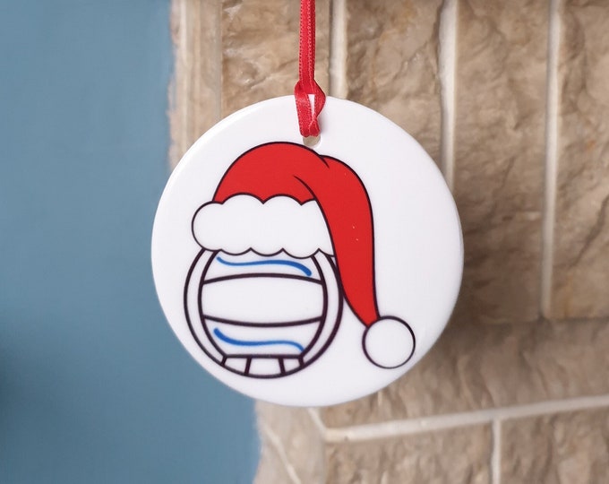 Netball ceramic Christmas tree decoration with lovely Netball ball with Christmas hat design