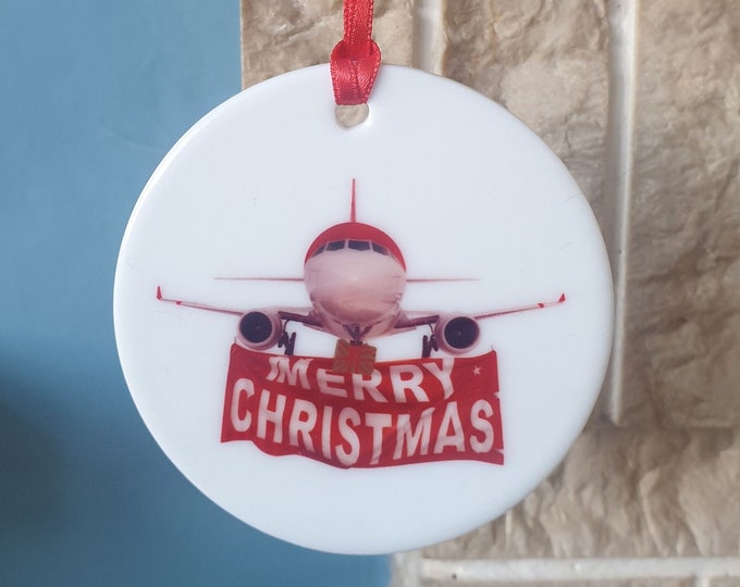 Airplane ceramic tree decoration with lovely aircraft themed design.