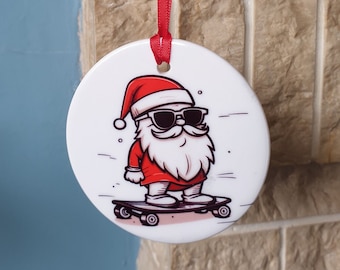 Skateboarding Santa Christmas tree decoration with funny Christmas design