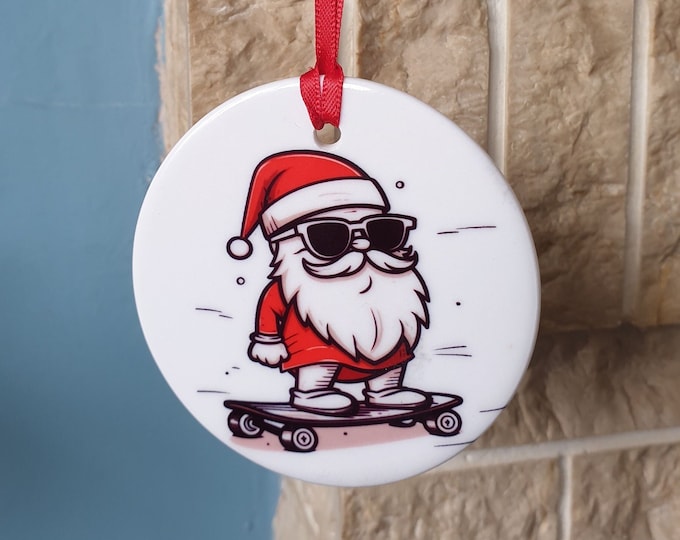Skateboarding Santa Christmas tree decoration with funny Christmas design