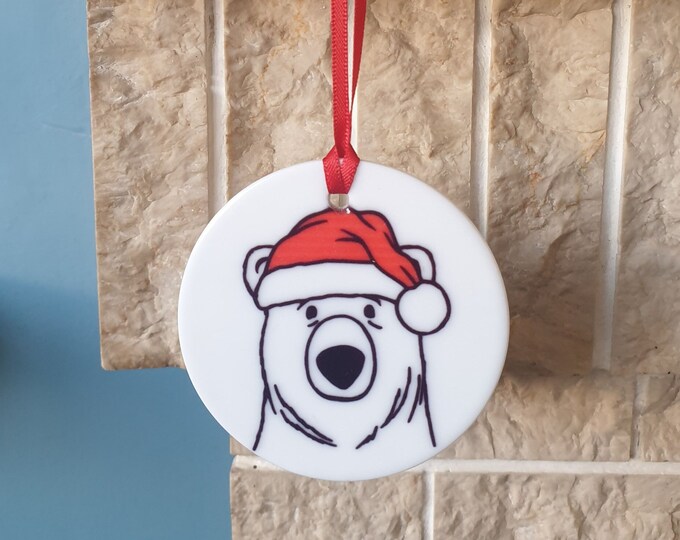 Polar Bear with Christmas hat ceramic Christmas tree decoration