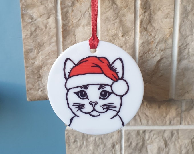 Cat with Christmas hat ceramic Christmas tree decoration