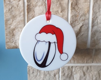 Rugby Ball with Christmas hat ceramic Christmas tree decoration
